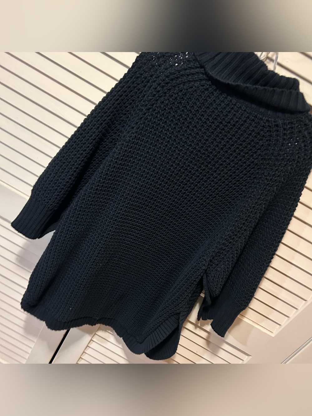 NWT J. Crew L/XL Turtleneck Cotton Poncho Sweater Crochet Knit Black w/ Buttons - Picture 4 of 7